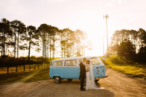 Classic Kombi used for beautiful wedding photos with bride and groom