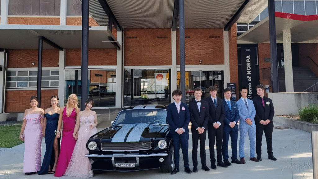 School formal car hire Sydney - high performance muscle car parked for a Year 12 student arrival